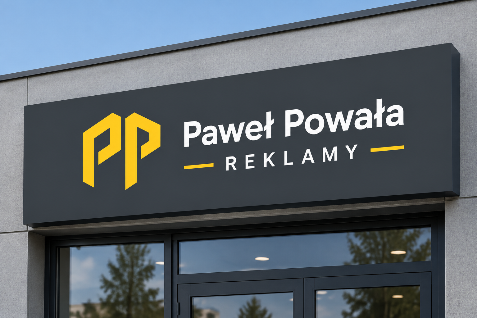Szyld firmowy zamontowany nad wejściem do lokalu